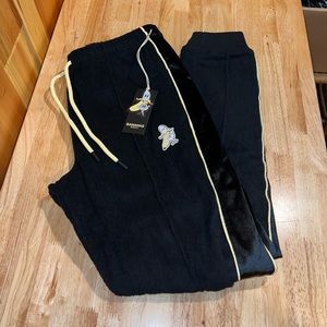 NEW Bananas Monkey Black Yellow Terry Velvet Track Pants Joggers Sweatpants NWT